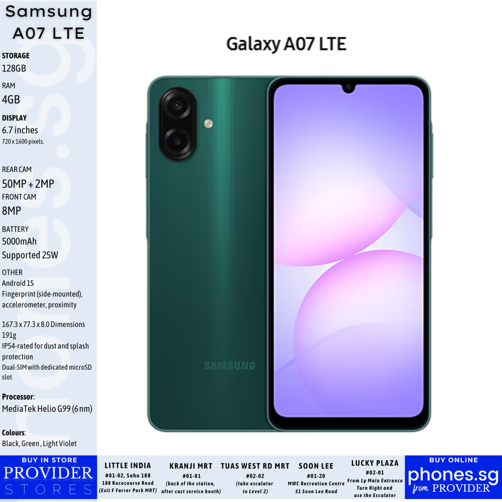 Samsung Galaxy A07 LTE (4GB RAM / 128GB Storage - 50MP + 2MP Rear